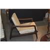 Image 4 : PAIR VINTAGE MID CENTURY MODERN WOODEN LOUNGE CHAIRS W/SLANTED SLAT BACK DESIGN & UPHOLSTERED CUSHIO