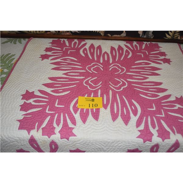 HAND STITCHED HAWAIIAN QUILT/WALL HANGING, LILLY OF THE VALLEY, FEB 1992 BY TOMOKO WILLIAMS (41 1/2"