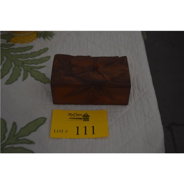 CARVED CAMPHOR BOX W/HIBISCUS FLOWER DESIGN; SIGNED HONOLULU, HAWAII, CHOW