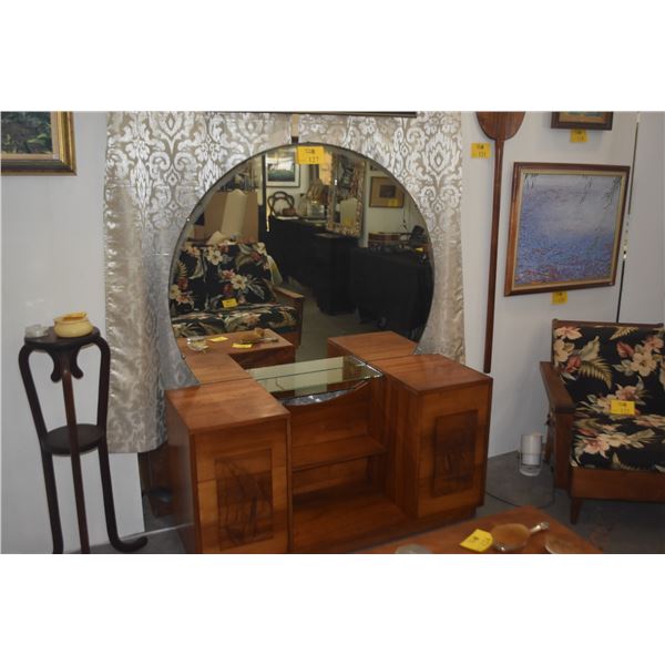 VINTAGE MID CENTURY CARVED KOA DRESSING TABLE W/6 DRAWERS, MIRROR & APE LEAF CARVINGS