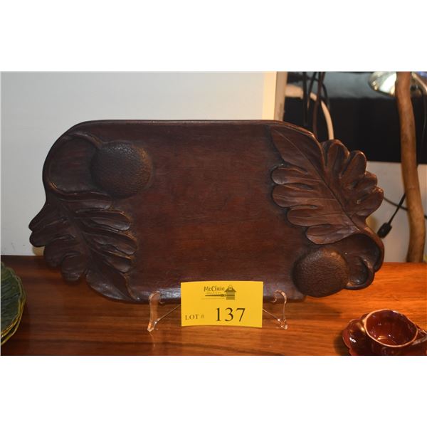 CARVED WOOD TRAY W/ULU (BREADFRUIT) & LEAVES, MARKED HEMPSTEAD
