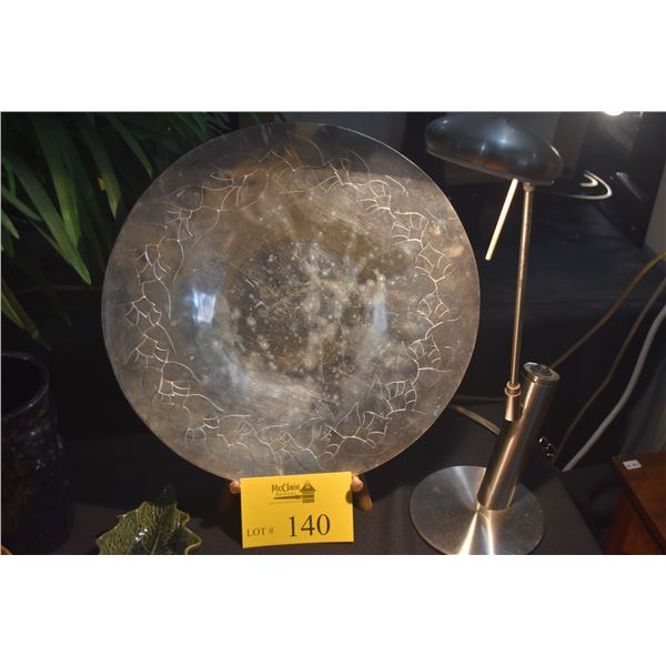 2 VINTAGE ETCHED FLORA CHARGERS, 14" SILVER ON COPPER, MANUFACTURED FOR GROSSMAN MOODY LTD & DESIGNE
