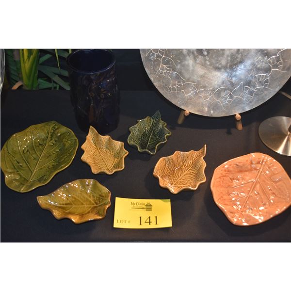 HAWAIIAN POTTERS GUILD HIBISCUS & BREADFRUIT LEAF DISHES & BLUE BREADFRUIT VASE MARKED HAWAIIAN POTT