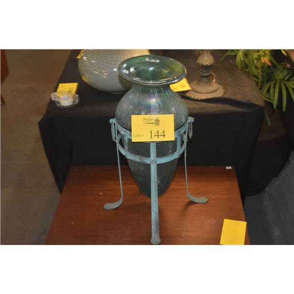 18" ART GLASS VASE ON BRONZE STAND