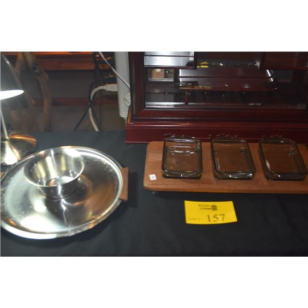 MID CENTURY MODERN STAINLESS STEEL CHIP & DIP SERVING PLATTER & MID CENTURY DANISH TEAK WOOD SERVING