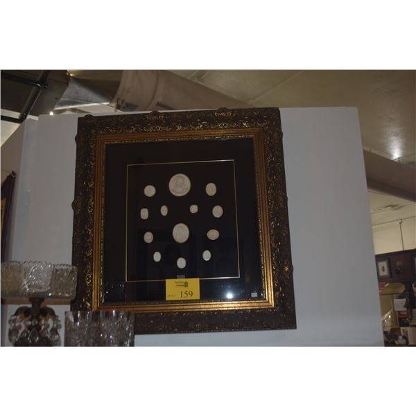FRAMED ANTIQUE (1895) PLASTER CAMEO MOLDS OF GREEK DESIGNS W/GOLD BANDS (PREVIOUSLY OWNED BY CLAIR E