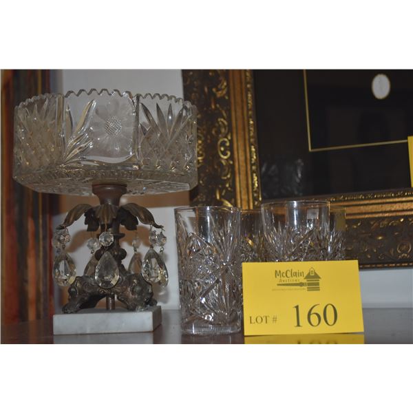 VINTAGE CUT CRYSTAL PEDESTAL COMPOTE & CUT CRYSTAL GLASSES W/STARBURST PINWHEEL PATTERN (5 PCS)