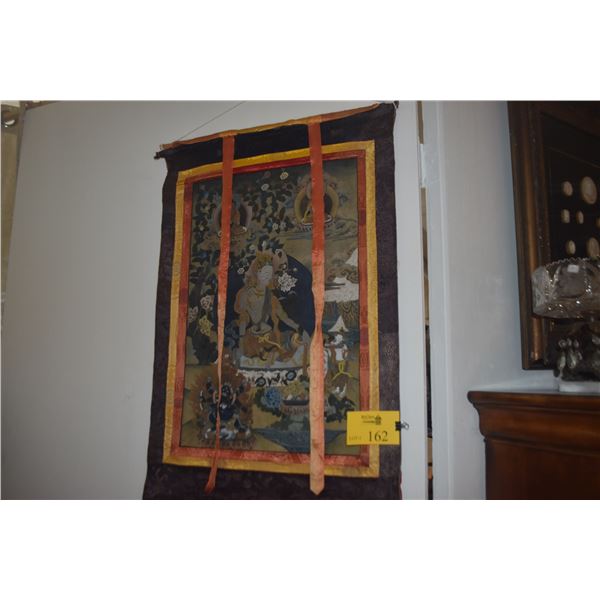 HAND PAINTED THANGKA SCROLL PRINTING MOUNTED ON A SILD BROCADE FRAME (26" X 43")