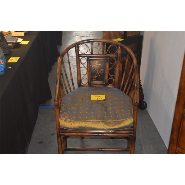 VINTAGE CHINOISERIE STYLE BURNT BAMBOO ARMCHAIR W/HAND PAINTED DECORATIVE PANEL ON BACKREST