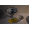 Image 1 : PORCELAIN STEM BOWLS (4 3/4" X 6"), BLUE & WHITE FISH & FLOWERS POLYCHROME LUI-KAI (2 1/4" X 3 5/8")