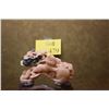 Image 1 : CHINESE LION & CUB CARVING ON WOOD STAND (RHODONITE) (6 1/2" X 7 1/4")
