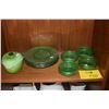 Image 1 : LE CREUSET APPLE SHAPED CASSEROLE DISH, GREEN DEPRESSION GLASS PLATES & GREEN ART GLASS BOWLS (11 PC