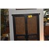 Image 2 : ASIAN STYLE 2 DOOR STORAGE CABINET, DARK LACQUERED W/WOVEN PANELS & DECORATIVE ACCENTS, 2 INTERIOR D