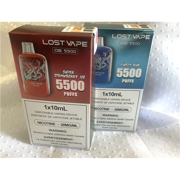 TWO Lost Vape OB5500 disposable vape boxes in the flavors Super Strawberry Ice and Fluffy Blue