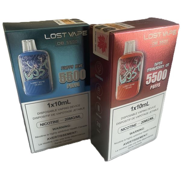 TWO Lost Vape OB5500 disposable vape boxes in the flavors Super Strawberry Ice and Fluffy Blue