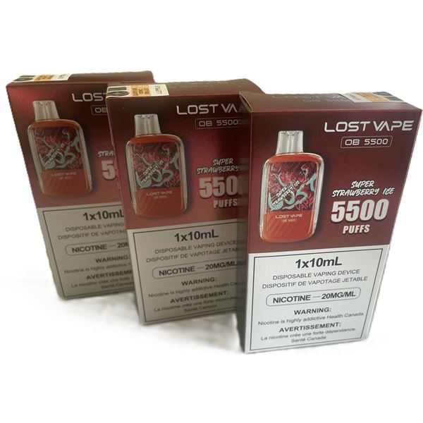 THREE Lost Vape OB5500 disposable vape boxes in the flavors Super Strawberry Ice