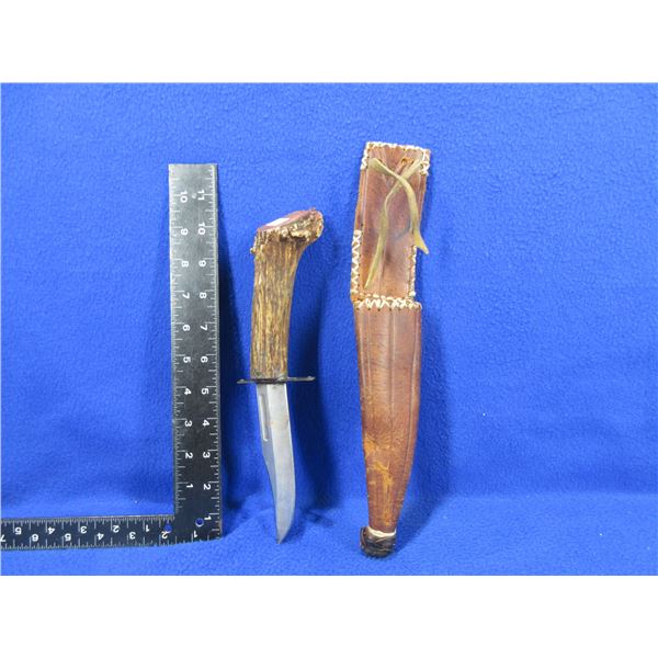 Fixed Blade Knife with Leather Sheath and Stag Handle - 5" Blade