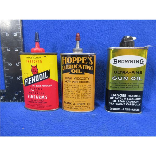3 Vintage Oil Cans - Browning (Full), Fiendoil (1/2 Full), Hoppe's (Empty)