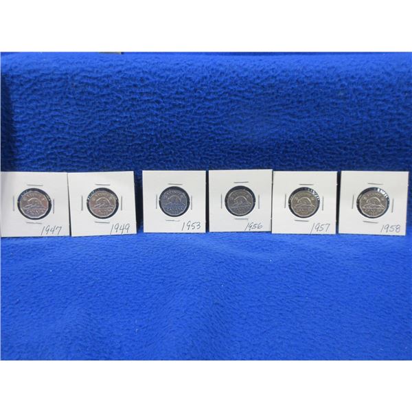 6 Canadian 5 Cent Coins - 1947 to 1958