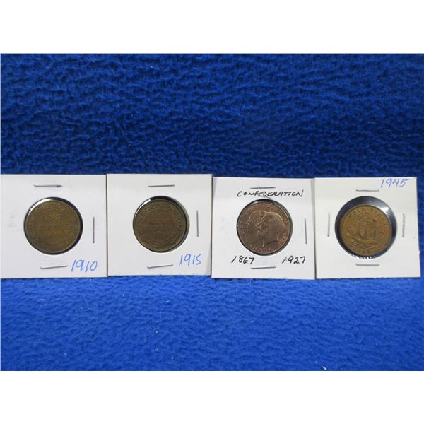 4 Canadian Coins - 1945 Half Penny, 1910 & 1915 One Cent, 1867-1927 Confederation