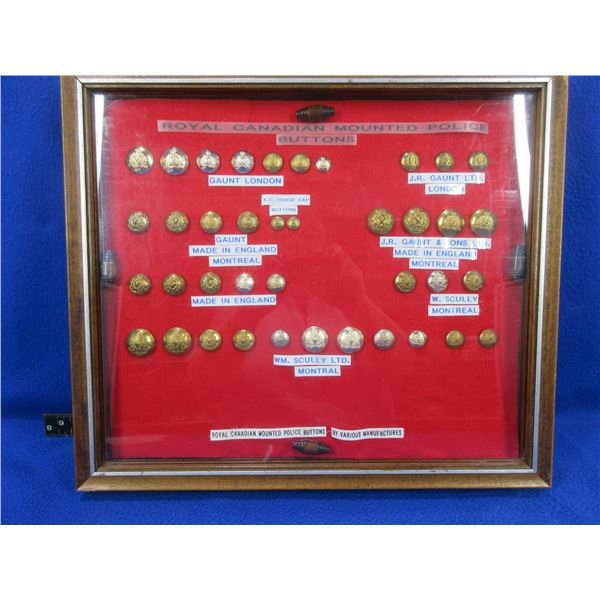 39 RCMP Buttons by Various Manufacturers in Wood & Plexiglass Display Case