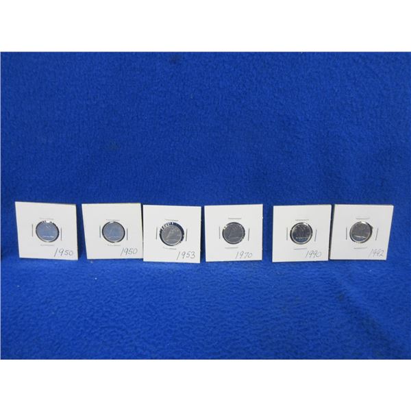 6 Canadian 10 Cent Coins - 1950 x 2, 1953, 1970, 1990, 1992 - 1950's are .800 Silver