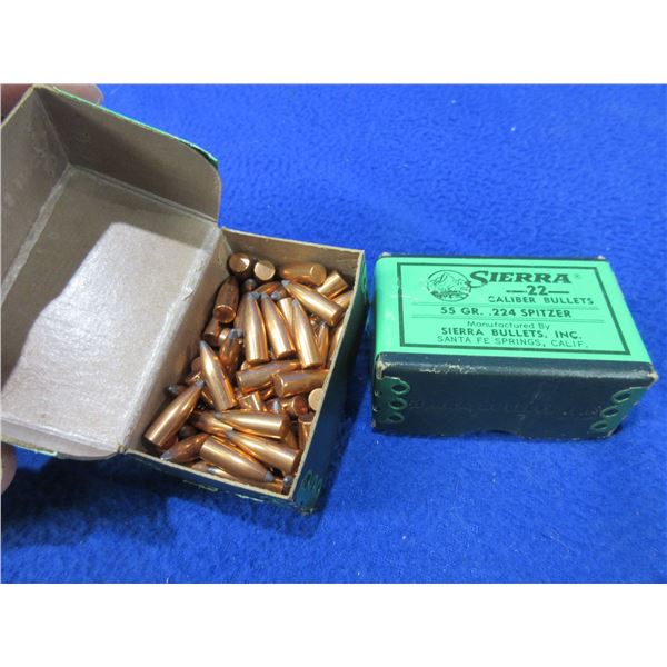 22 Cal. .224" 55gr Spitzer Sierra Bullets - Box of 100, Box of Approx 80