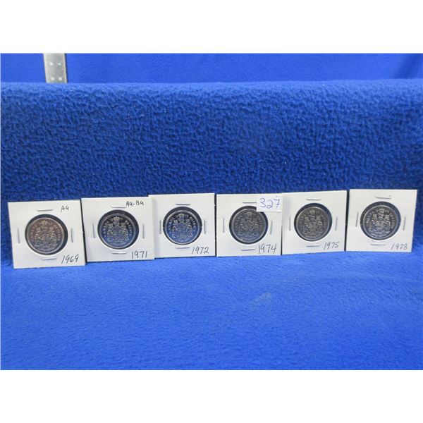 6 - Canadian 50 Cent Coins - 1969, 1971, 1972, 1974, 1975, 1978
