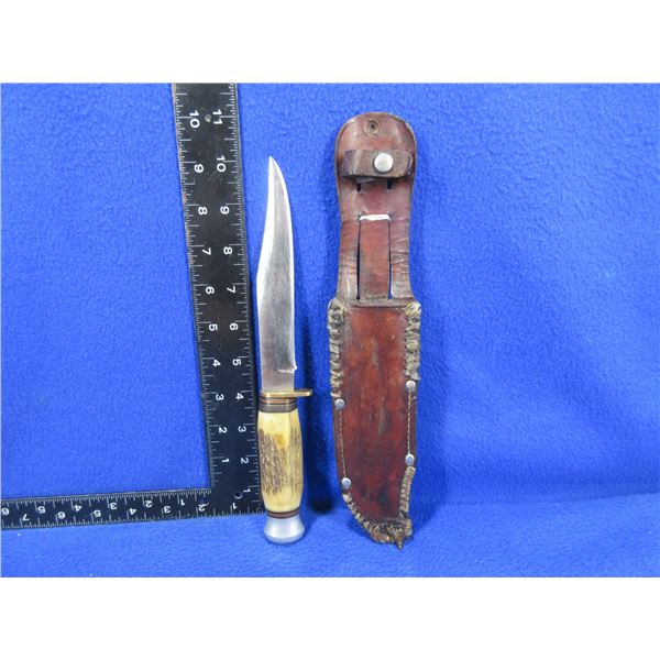 Vintage Bowie Style Fixed Blade Knife with Leather Sheath & Stag Handle