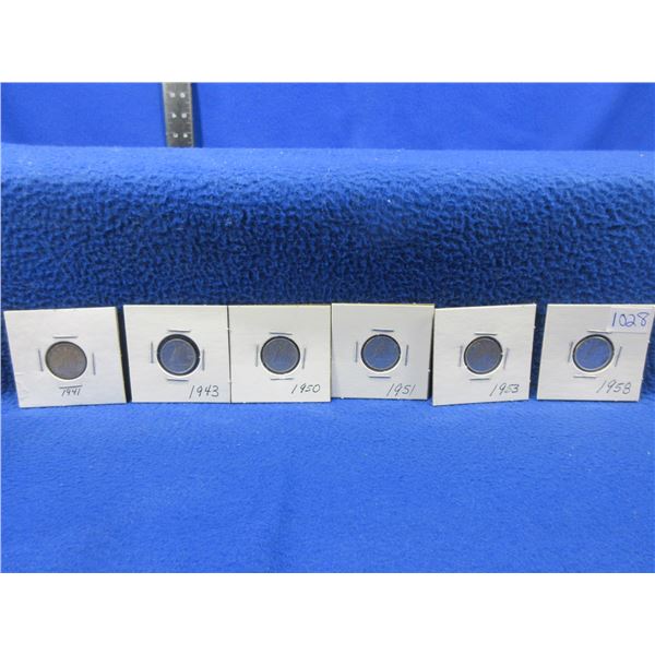 6 Canadian 10 Cent Coins - 1941, 1943, 1950, 1951, 1953, 1958 - .800 Silver