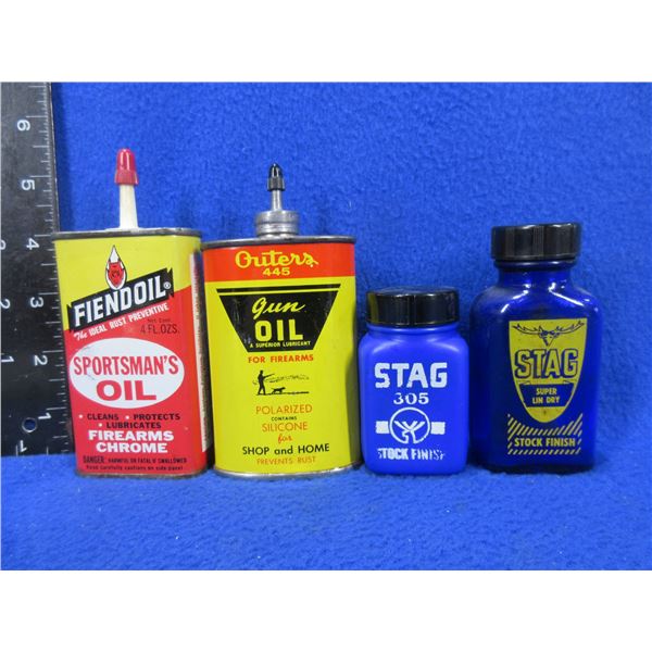 2 Vintage Oil Cans and 2 Stag bottles- Outers (Empty), Fiendoil (3/4 Full), Stag bottles are empty
