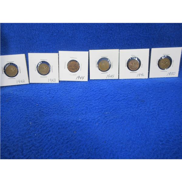 6 Canadian 1 Cent Coins - 1942, 1943, 1944, 1945, 1946, 1950