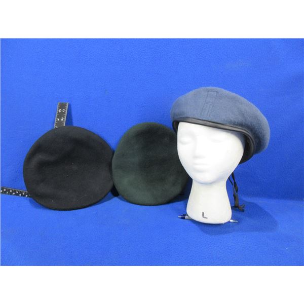 3 Military Berets - Black and Green Size 7 3/4, Blue Size 7 5/8