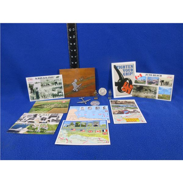 8 Normandie Postcards, 2 Tokens, 3 Miniatures, 1 Trench Art Wall Hanging on Wood