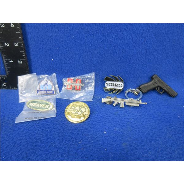 6 Various Shooting, Firearm and Ammunition Pins and Key Fob