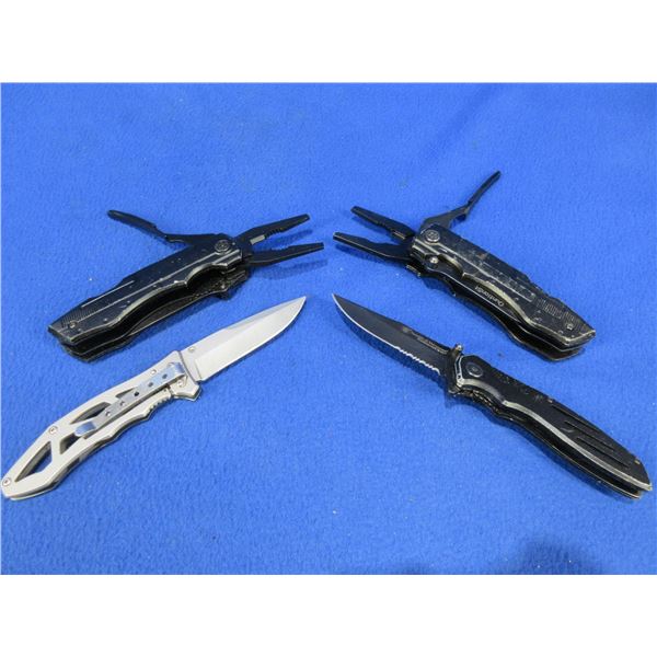 2 Folding Lock Blade Clip Knives and 2 Multi-Tool Pliers/Knives