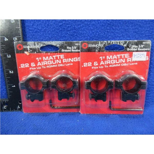 NEW - 2 Pairs of Simmons 1" Matte .22 & Airgun Rings - Fits 3/8" Receiver