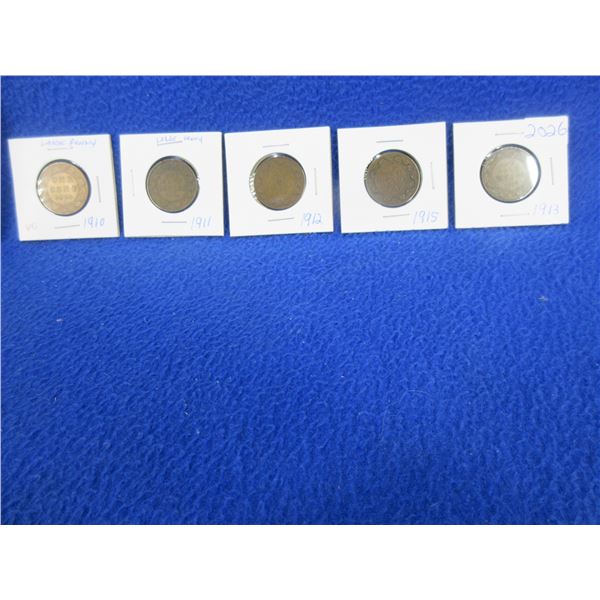 5 Canadian One Cent Coins - 1910, 1911, 1912, 1913, 1915