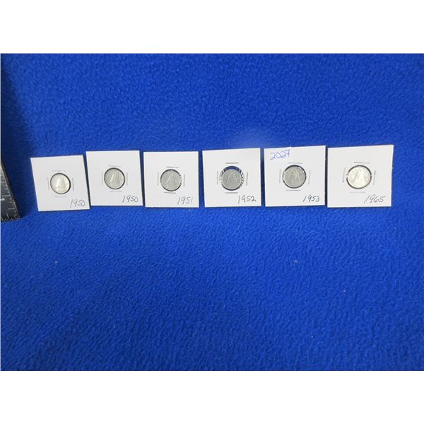 6 Canadian 10 Cent Coins - 1950 x 2, 1951, 1952, 1953, 1965  - .800 Silver — image 28
