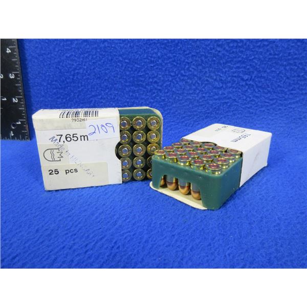 32 ACP/7.65MM 71gr MC Made in Hungary Cartridges - 2 Boxes of 25 (Pick Up Only)