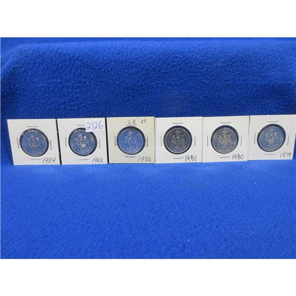 6 Canadian 50 Cent Coins - 1979, 1980, 1981, 1982, 1983,  1984