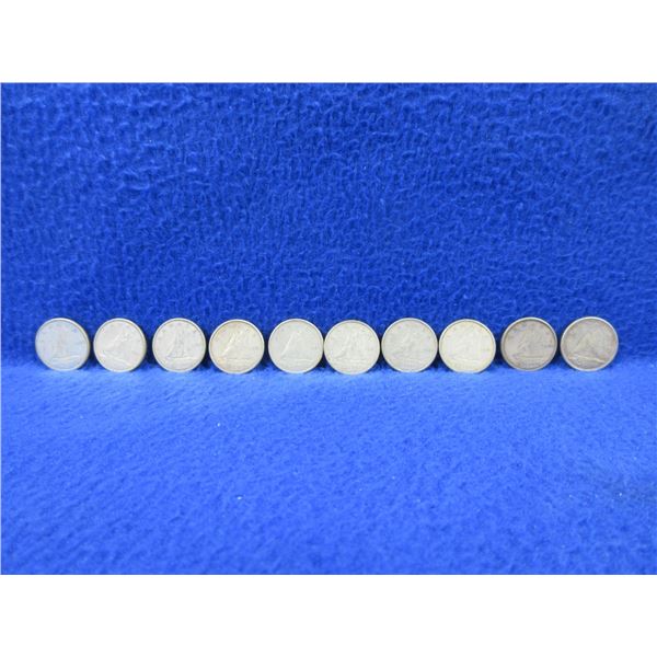 10 Canadian 10 Cent Coins - 1961 to 1965 - .800 Silver