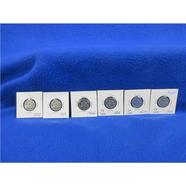 6 Canadian 5 Cent Coins - 1958, 1959, 1966, 1968, 1972, 1975