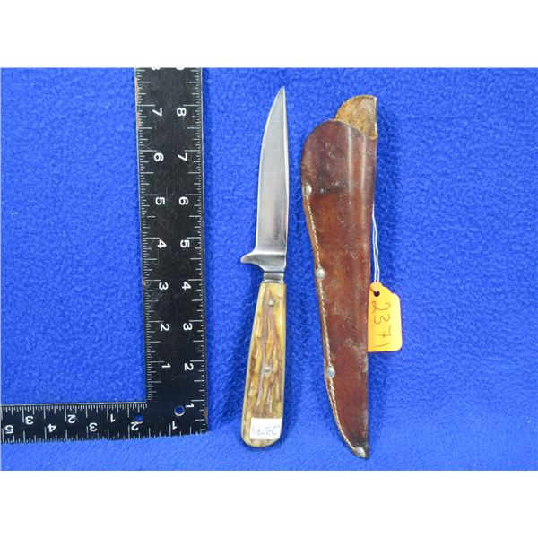 Fixed Blade Knife with Stag Handle and Leather Sheath - 4" Blade, 8 1/2" Overall Length
