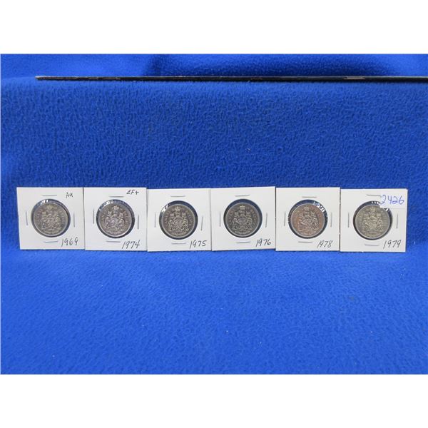 6 Canadian 50 Cent Coins - 1969, 1974, 1975, 1976,  1978, 1979