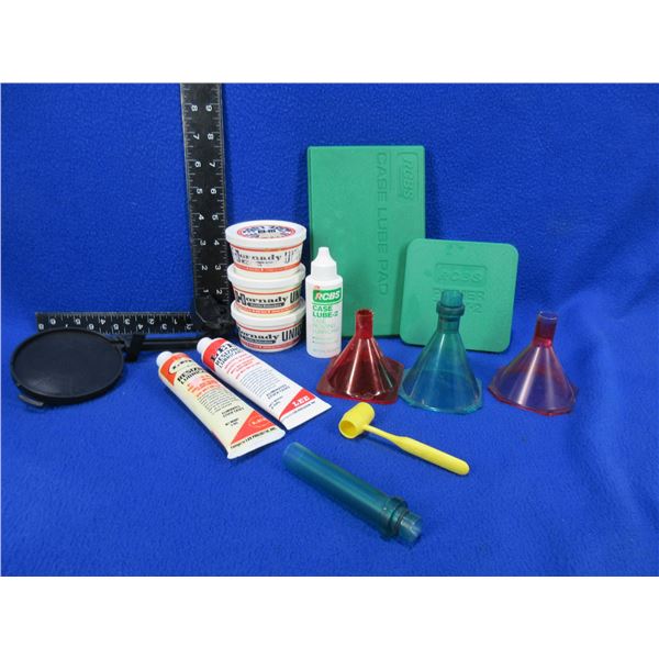 Lot of Misc. - 6 Assorted Case Lubes, 3 Funnels, RCBS Lube Pad & Primer Tray, Etc.