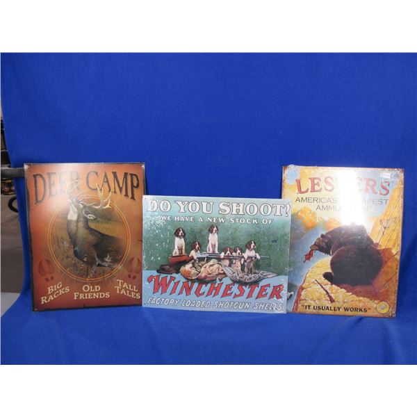3 Tin Signs - Deer Camp, Winchester Do You Shoot, Lesters America's Cheapest Ammunition