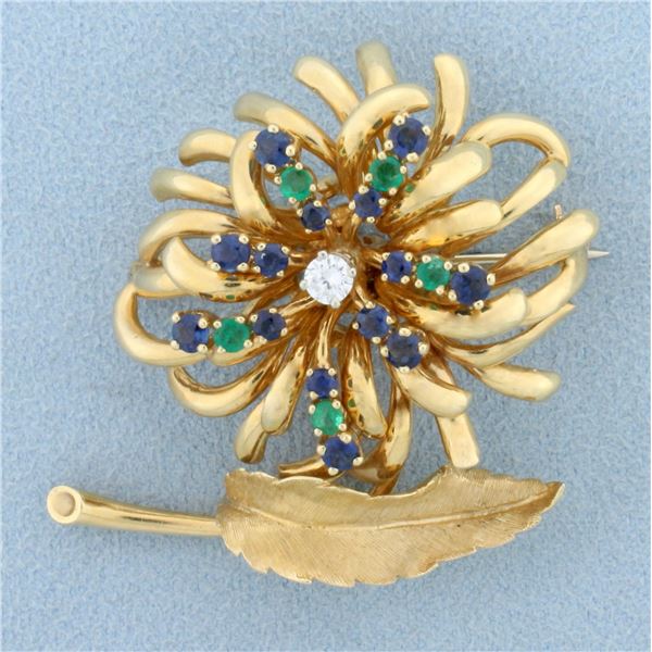 Vintage Designer Dan Frere Feather and Flower Design Pin Brooch in 14k Yellow Gold