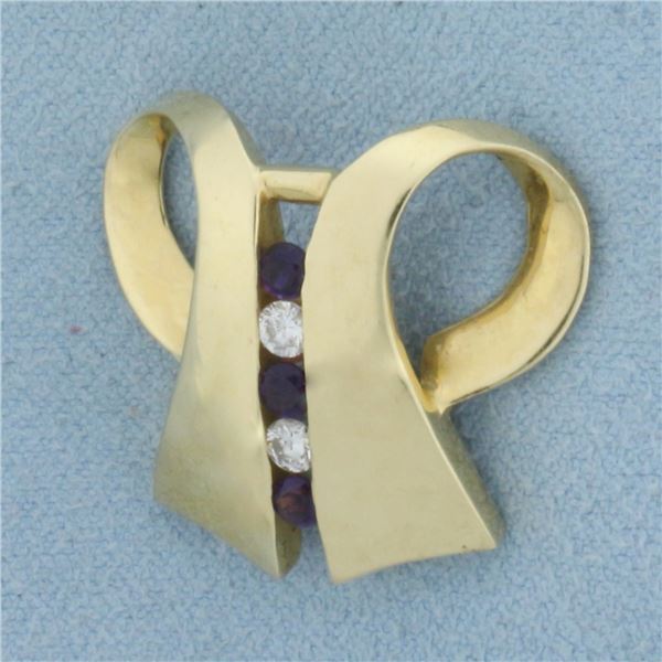 Designer Diamond and Amethyst Pendant or Slide in 14K Yellow Gold