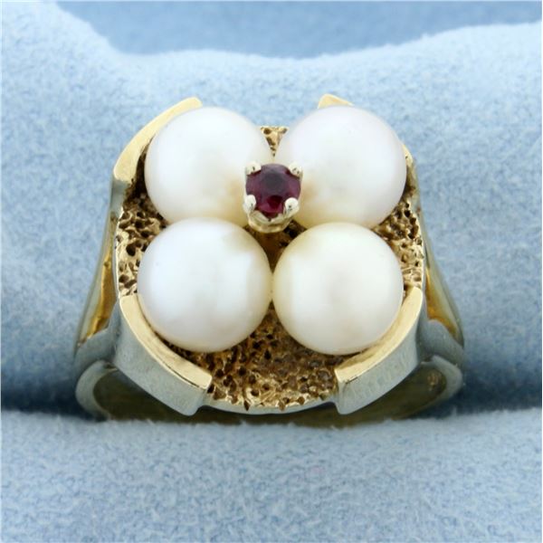 Vintage Akoya Pearl and Ruby Satement Ring in 14K Yellow Gold